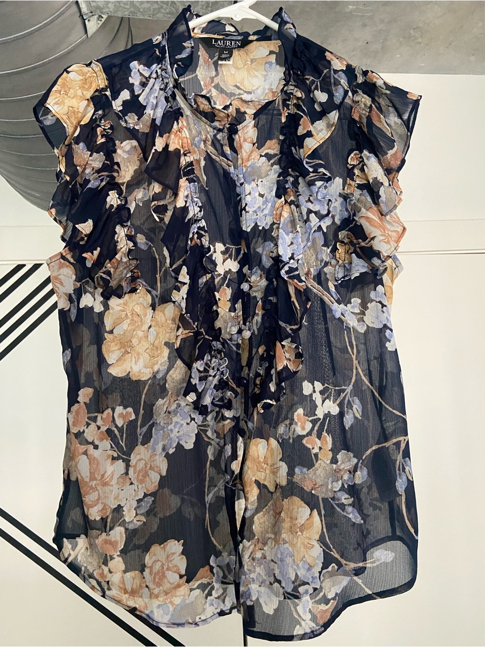 Lauren Ralph Lauren Navy Floral Ruffle Sleeve Blouse